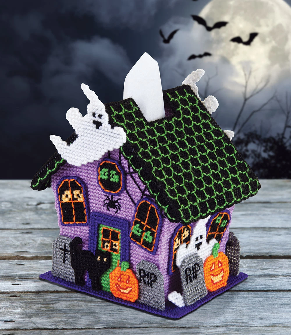 Spooky House Tissue Box Cover Plastic Canvas Kit 1 Spooky House Tissue Box Cover Plastic Canvas Kit