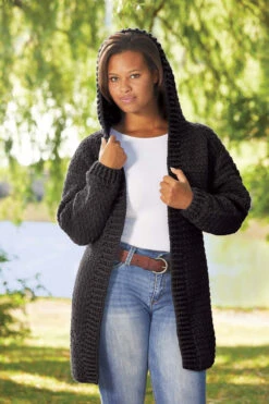 Hooded Crocheted Cardigan -Crocheting Supplies Store m96232black