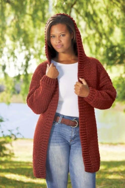 Hooded Crocheted Cardigan -Crocheting Supplies Store m96232russet
