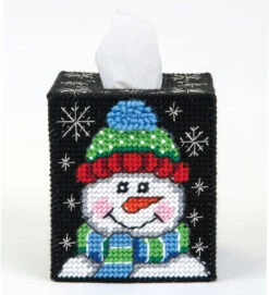 Snow Much Fun Tissue Box Cover Plastic Canvas Kit -Crocheting Supplies Store tissueBoxLetItSnowSnowman side2